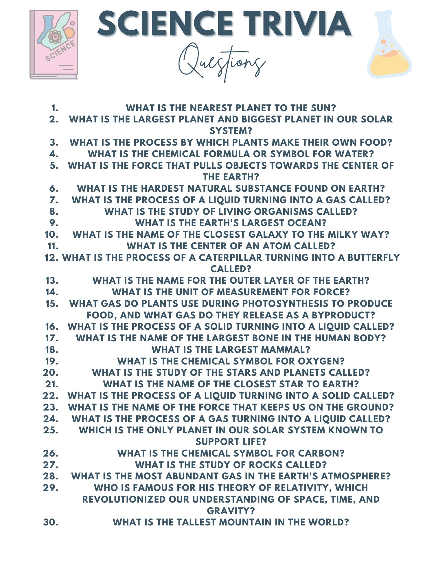 Science Trivia Questions For Kids With Printable Q And A Sheet Science Trivia Questions For Kids With Printable Q And A Sheet