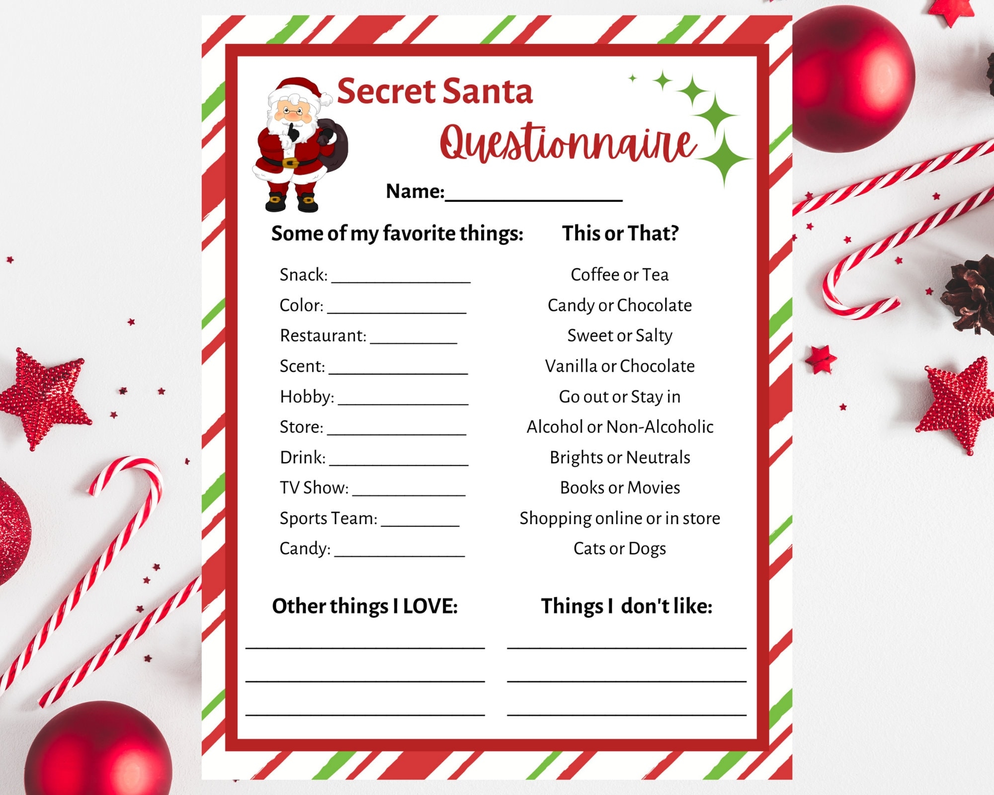 Secret Santa Questionnaire Printable Secret Santa Form Secret Santa For Work Secret Santa Printable Secret Santa Wish List Christmas Etsy