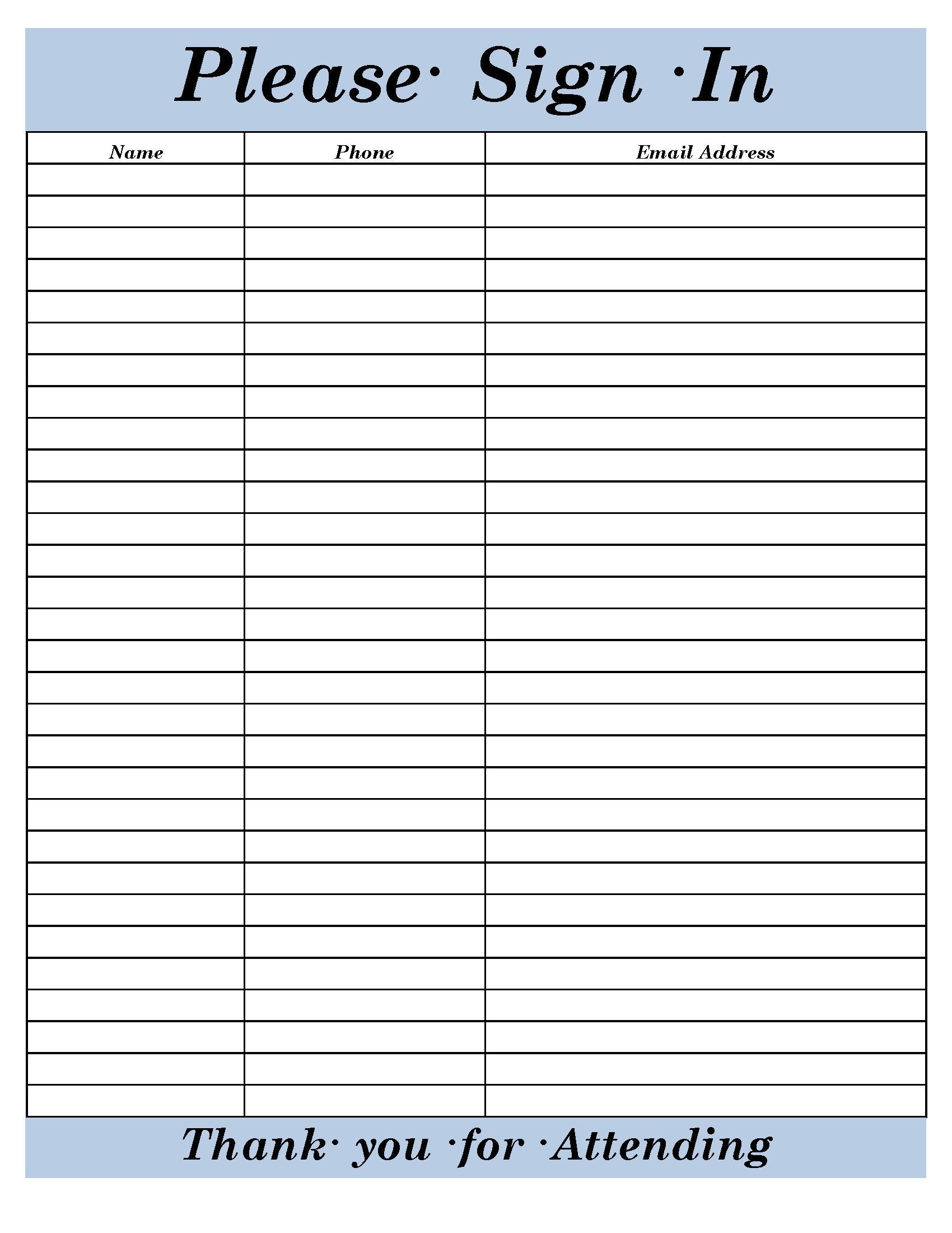 sign in sheet printable