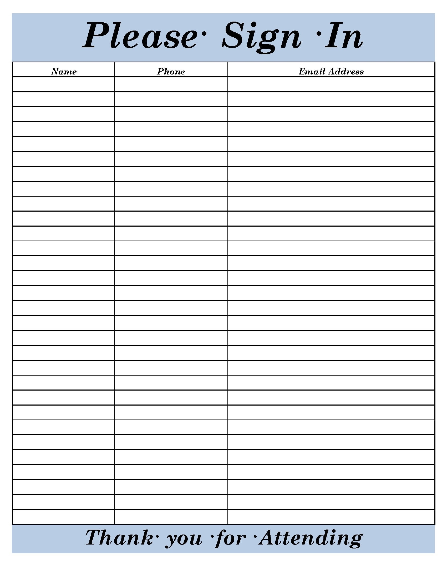 free printable sign in sheet free printable sign in sheet