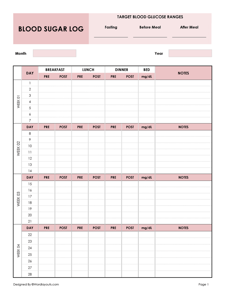 Simple Blood Sugar Log Sheets Edit Printable WordLayouts Simple Blood Sugar Log Sheets Edit Printable WordLayouts