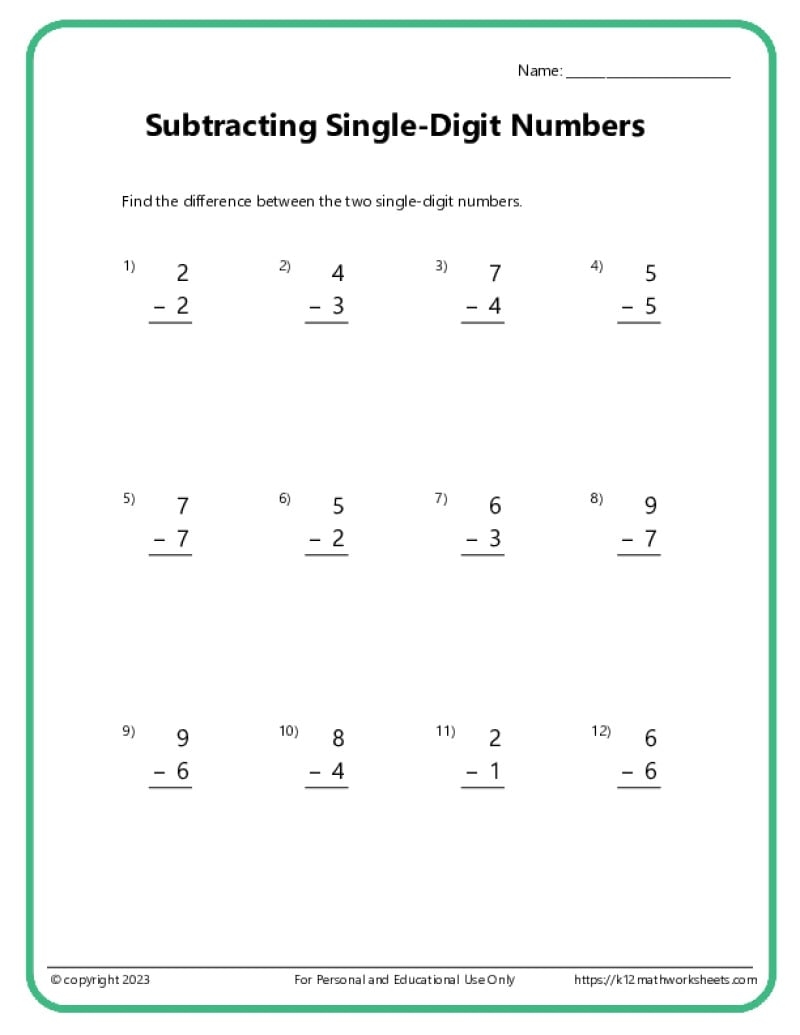 free printable subtraction worksheets