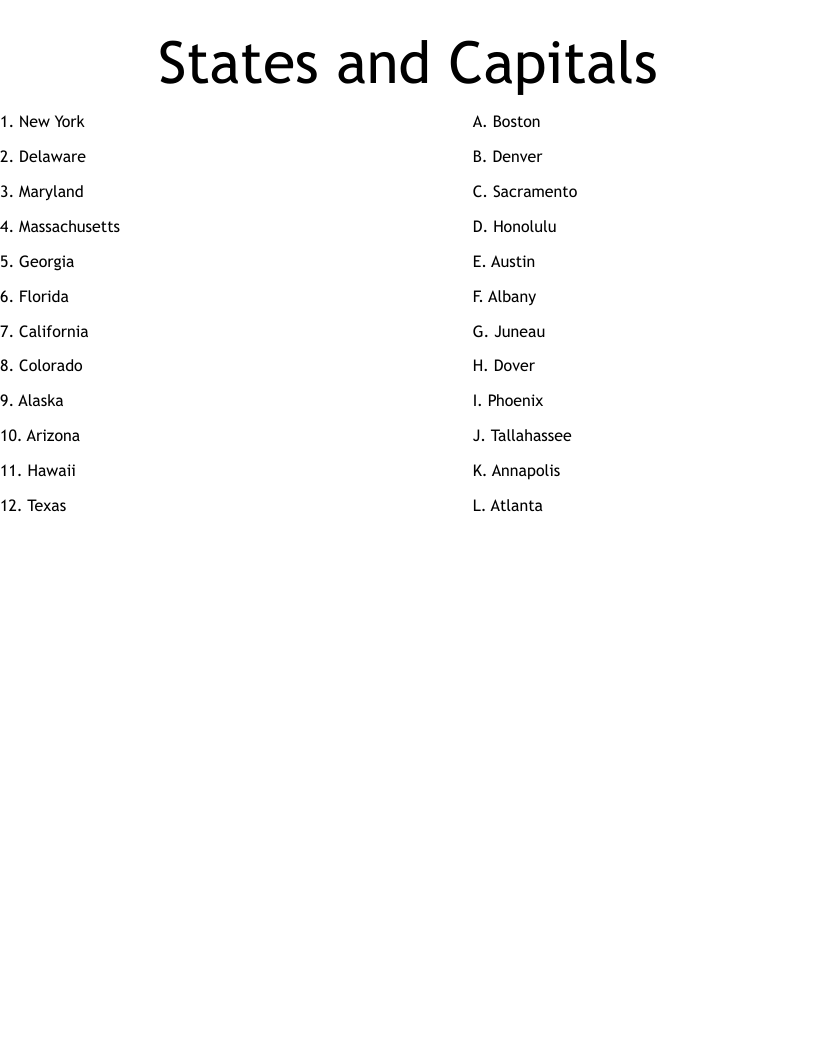 States And Capitals Worksheet WordMint