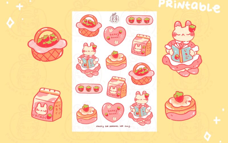 Strawberry Bunny part Two Sticker Sheet Printable DIGITAL File Printable Stickers Cute Planner Stickers Journal Kawaii Stickers Etsy