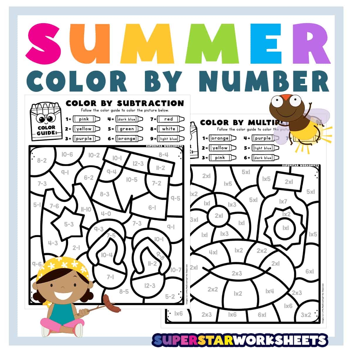 Summer Color By Number Superstar Worksheets