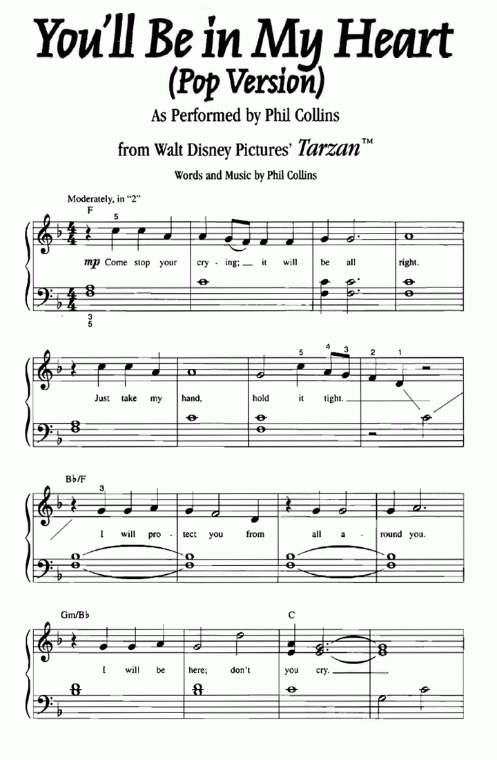 Tarzan YOU LL BE IN MY HEART Easy Piano Sheet Music Easy Sheet Music Tarzan YOU LL BE IN MY HEART Easy Piano Sheet Music Easy Sheet Music