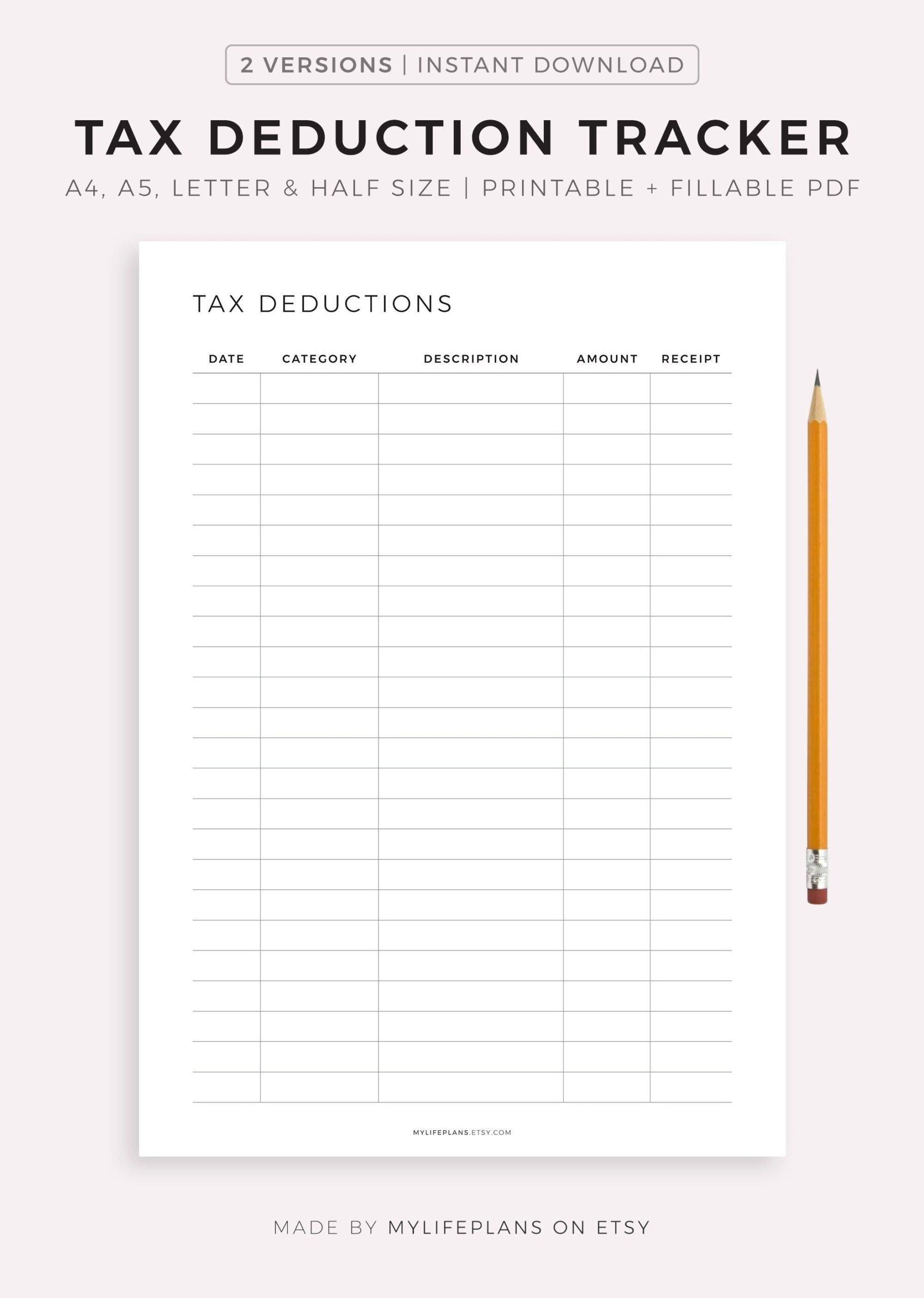 Tax Deduction Tracker Printable A4 a5 letter half Instant Download PDF Etsy